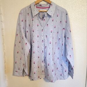 Foxcroft Striped Pineapple Print No Iron Button Down sz 22W Navy, White, Pink
